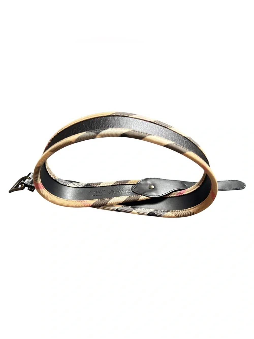Burberry Black Leather Belt with Signature Beige Check Accent